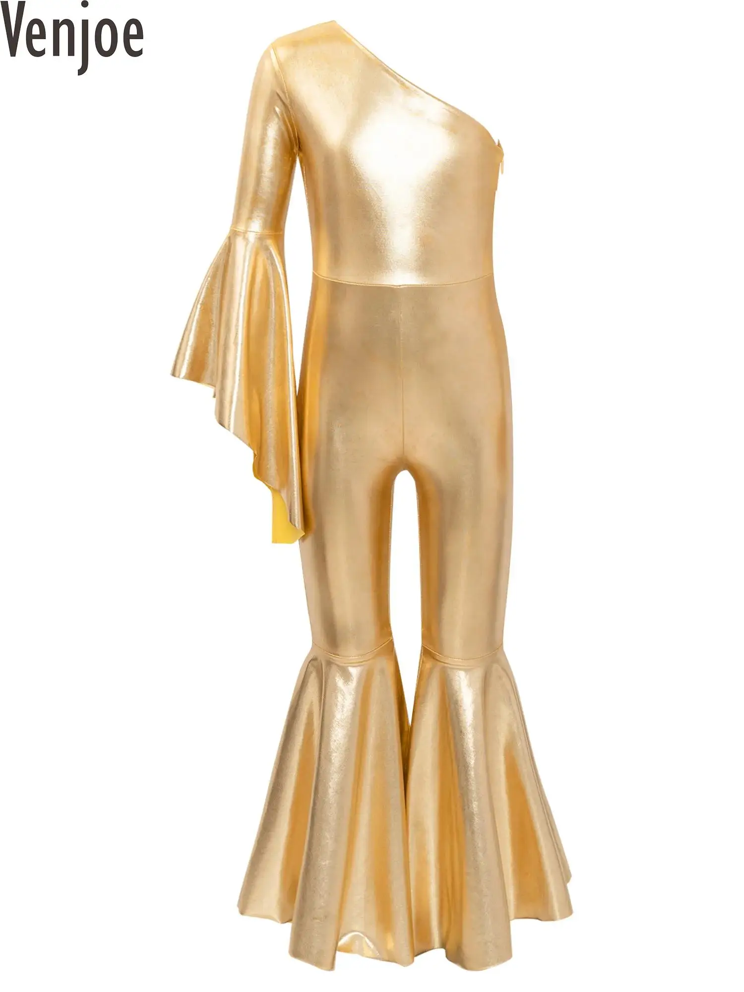 Kid Girl Metallic Shiny Bell-Bottom Jazz Dance Jumpsuit One Shoulder Bodysuit Carnival Party 60s 70s Hippie Performance Costume