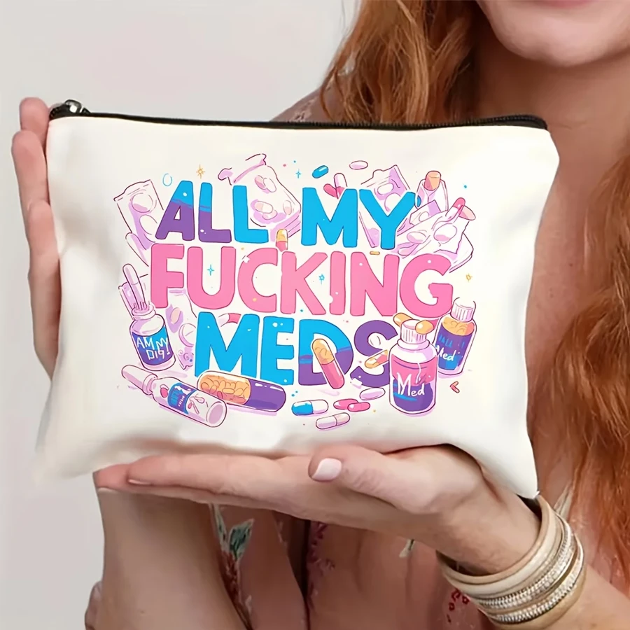 All-In-One Medicine Bag “All My Meds” - Reusable Travel Cosmetics and Pill Organizer, Hypoallergenic, Beige - Perfect Gift for Women, Sisters, Daughters on Birthdays and Christmas