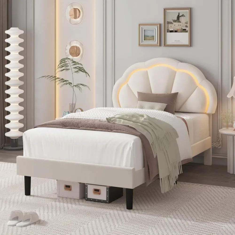 

Twin Upholstered Smart LED Bed Frame with Adjustable Chic Petal Headboard, Princess Twin Size Platform Bed Frames
