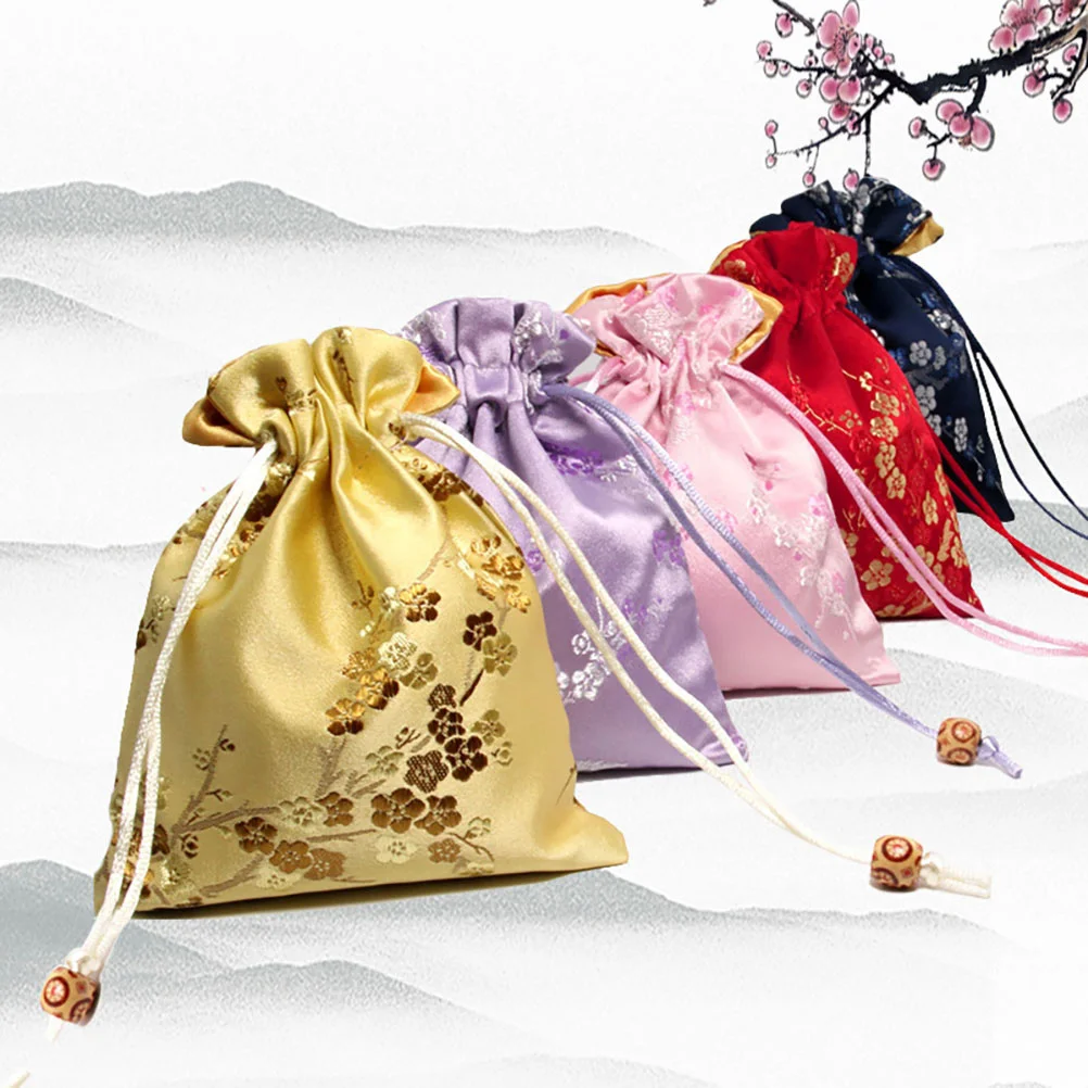 

5pcs Jewelry Pouches Brocade Fabric Plum Blossom Pattern Gift Bag For Jewelry Storage Coin Purse Organizer Party Favor