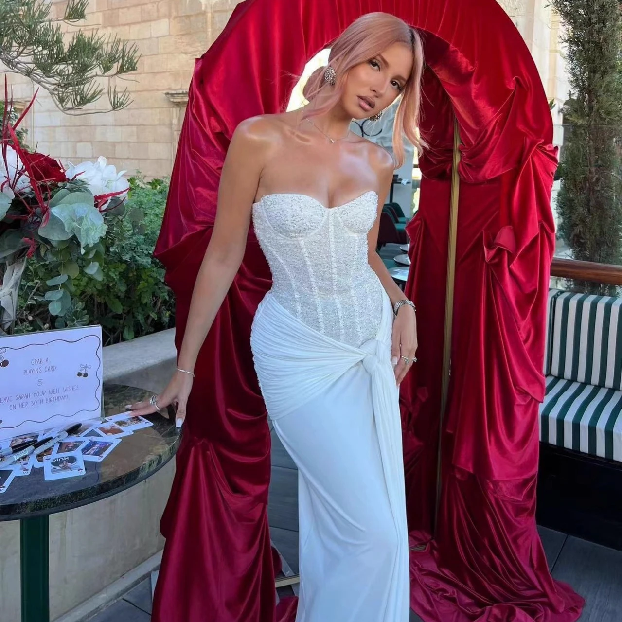 Mingmingxi feminino sem alças espartilho bodycon vestido branco envolto lantejoulas sexy vestidos de festa de coquetel