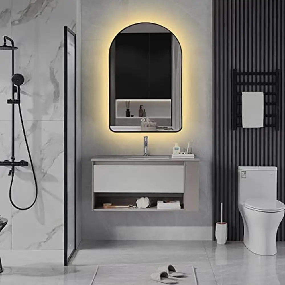 Dibingkai Arched LED cermin kamar mandi 30x20 inci Backlit Brushed hitam dinding mount Vanity lampu anti-kabut tahan karat tahan air