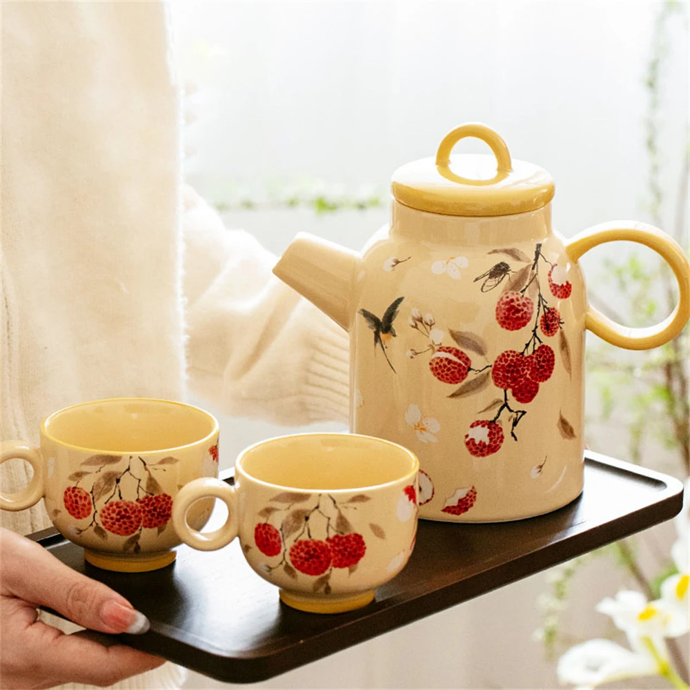 

Chinese High Temperature Resistant Teapot Teacup Suit Kitchen Supplies Lychee Printing Kettle Desktop Restaurant Office Teacup