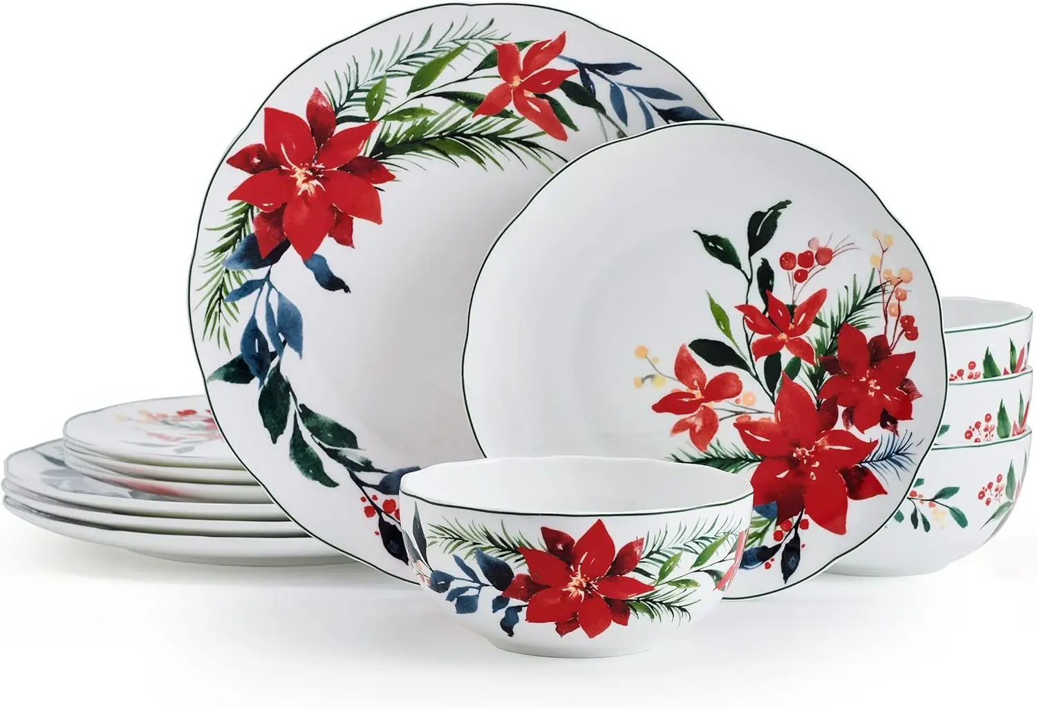 

Merry Poinsettia Holiday Bone China Lightweight Chip Resistant 12 Piece Dinnerware Set, Service for 4