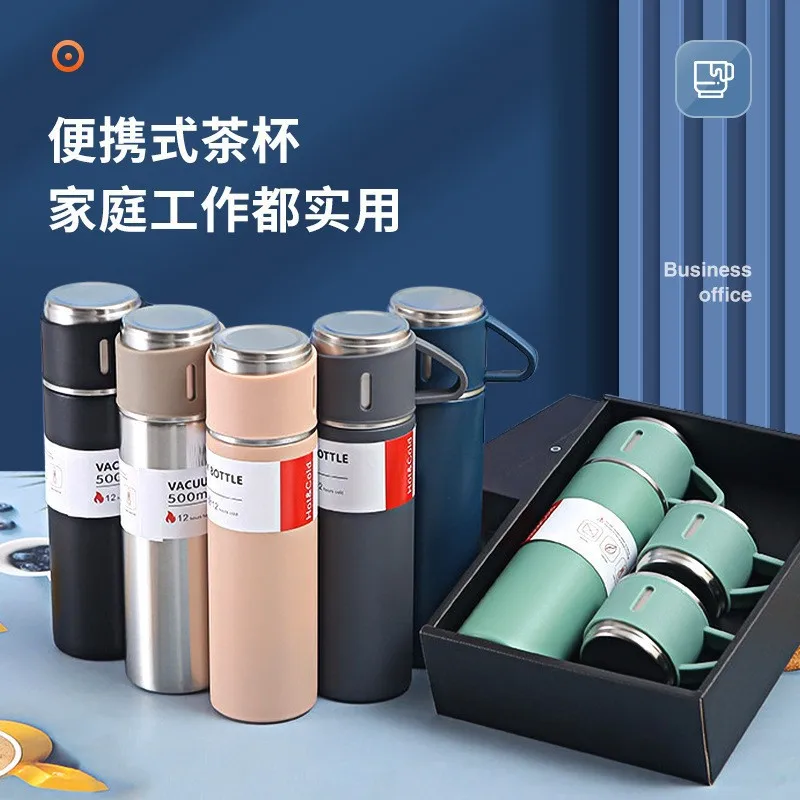 One cup, three lids, new stainless steel insulated cup gift box set, 500ml, men's business tea making gift cup print logo