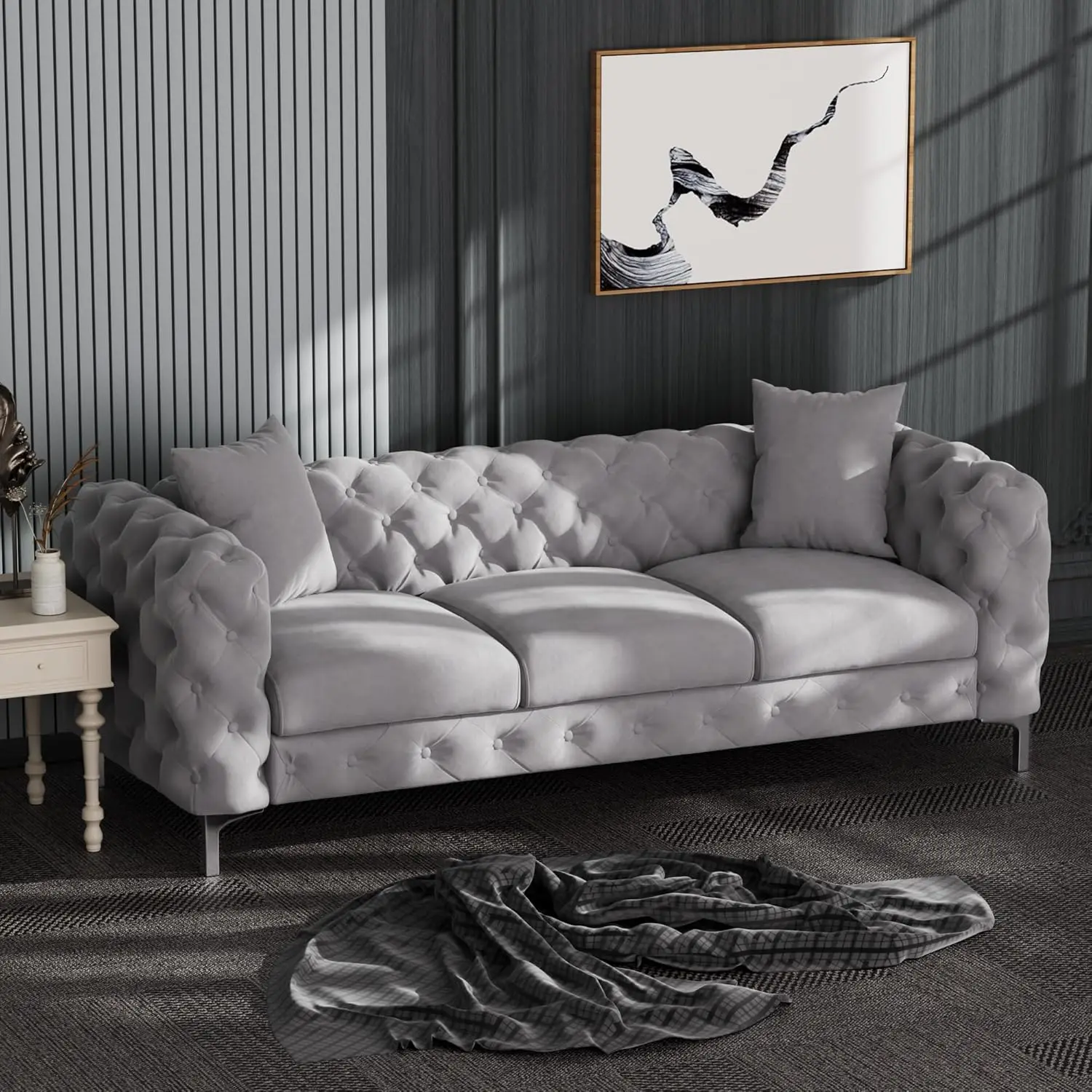 

Couch Sofa Upholstered Modern Contemporary Sofa with Deep Button Tufting Dutch Velvet, Solid Wood Frame and Iron Legs-Silver