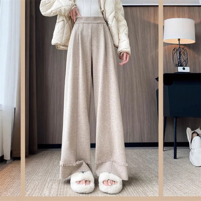 Women Autumn Winter High Waist Knit Wide Leg Pants Tassel Hem Soft Draped Loose Casual Floor-length Trousers