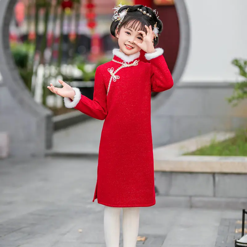 

Winter Autumn Girls Red Cheongsam Dress White Fleece Hem Design Mandarin Collar Qipao Robe Oriental Style Festive Hanfu Attire