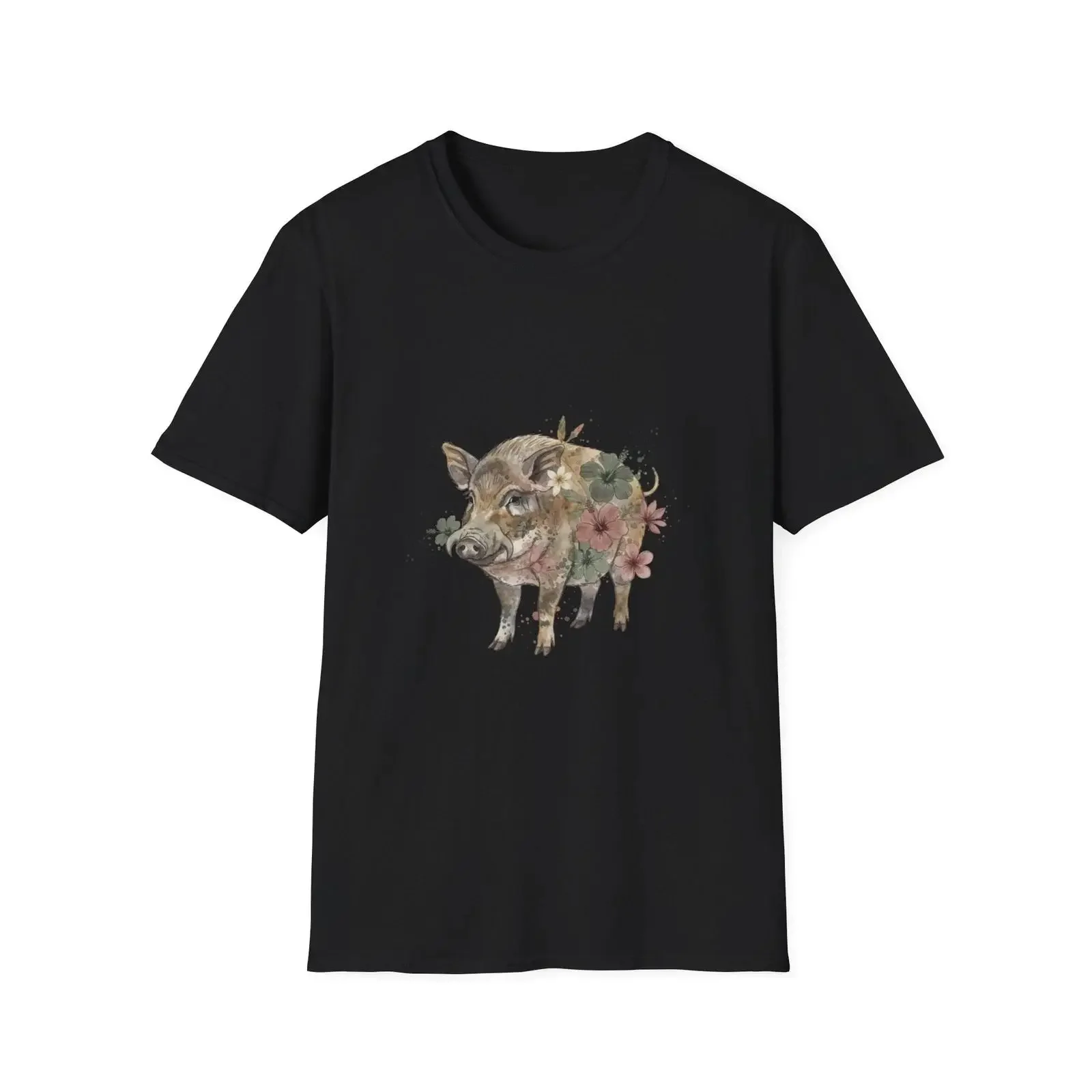 Wild Boar Floral Watercolor Boho Black T Shirt Nature Aesthetic vintage Washed homme Comfortable designer clothes fashion