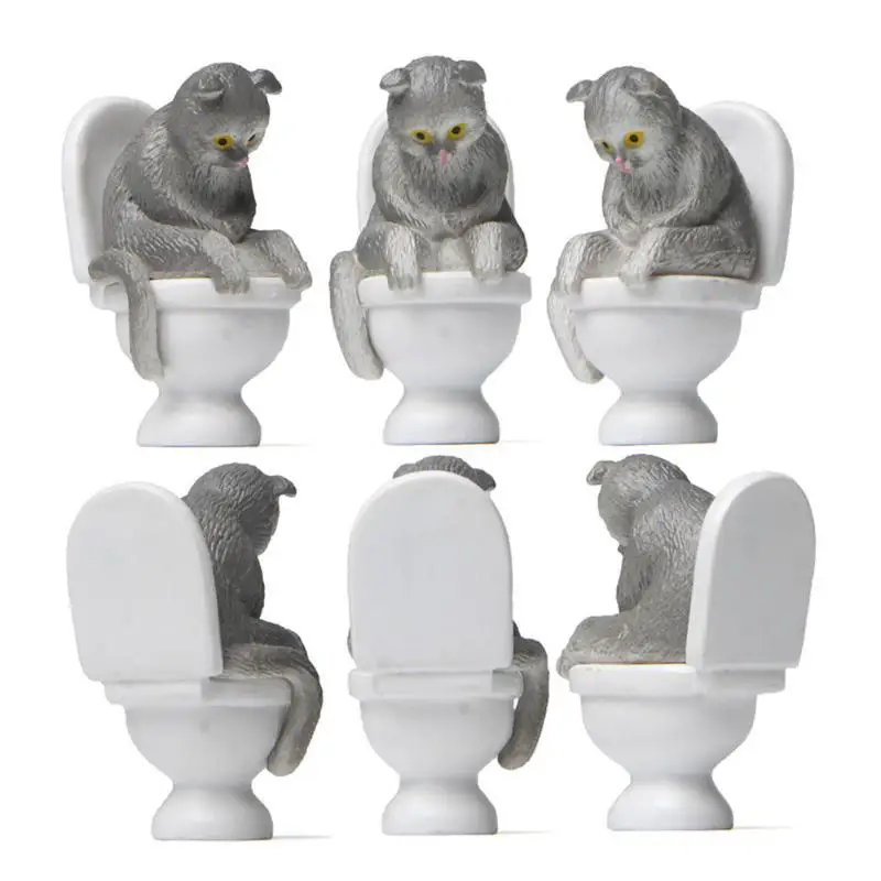Mini Toilet Cat Figurine Cute Cartoon Design 5 Different Colors For Home Desktop Decoration Garden Ornaments