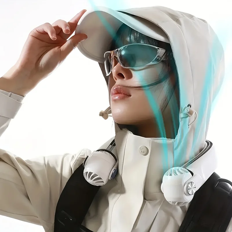 مروحة رقبة USB قابلة لإعادة الشحن نظام توربينات AR بدون أوراق قابلة للتعديل توربو 2400 مللي أمبير في الساعة بطارية مزدوجة الطاقة مبرد شخصي خارجي