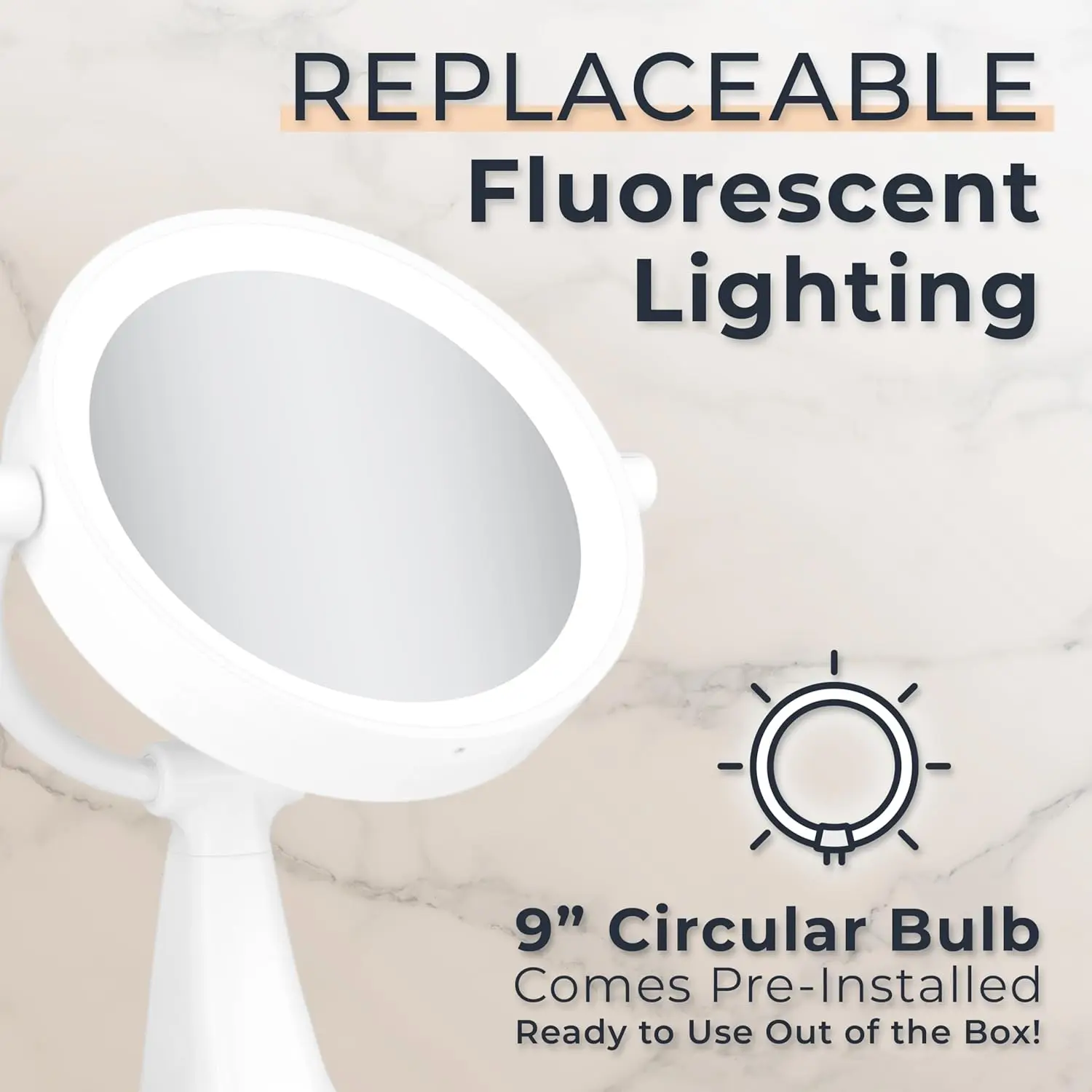 مرآة مكياج مضاءة فلورية لامعة مقاس 11 بوصة مع تكبير 10X/1X، مرآة مكياج خفيفة برأس دوارة، باللون الأبيض