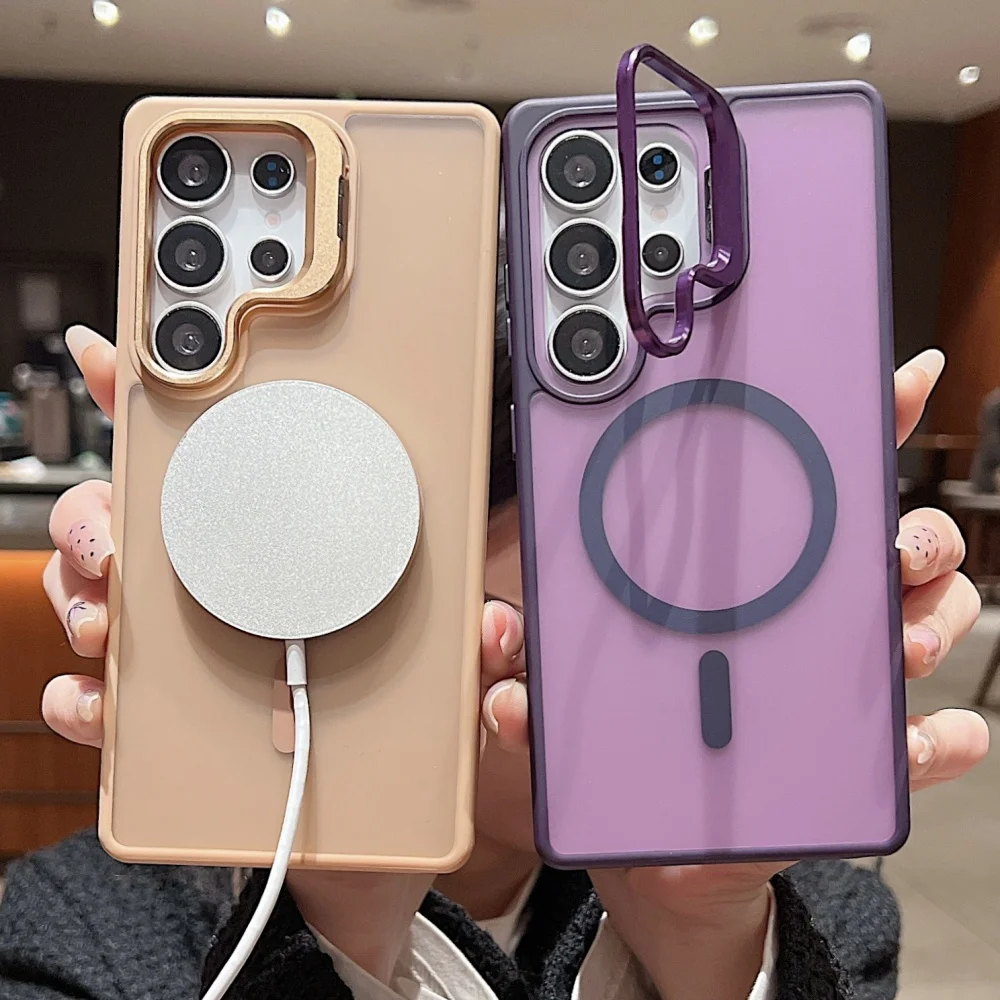 

SR-магнитный прозрачный металлический чехол-подставка для объектива, матовый чехол Galaxy S25 S24 FE S23 S22 Ultra Plus, акриловый прозрачный противоударный чехол