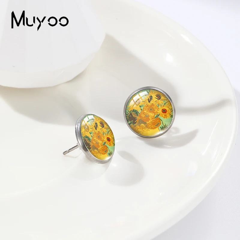 2023 New Arrival Fashion Yellow Flowers Sunflower Glass Round Dome Stud Earrings Jewelry Handmade Earrings