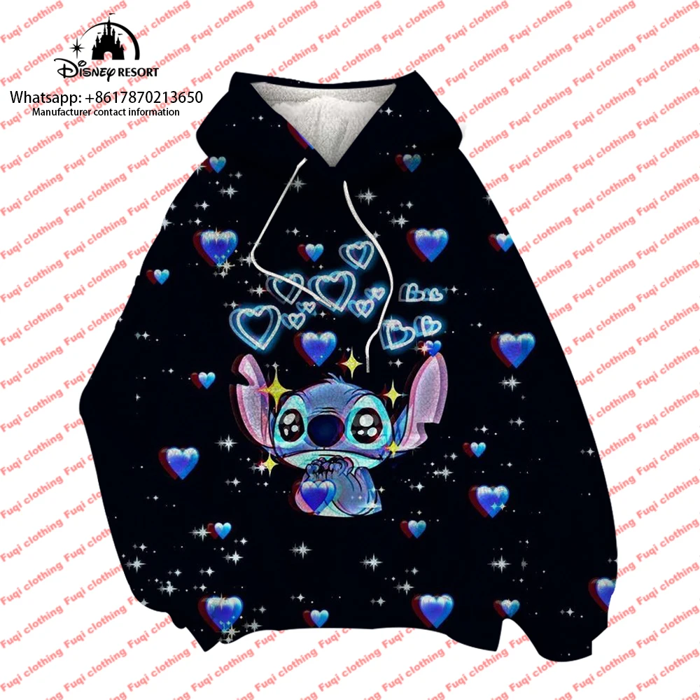 Stitch cartoon 3D printed flannel sweatshirt 2024 winter fashion loose and comfortable hoodie cute blanket pullover