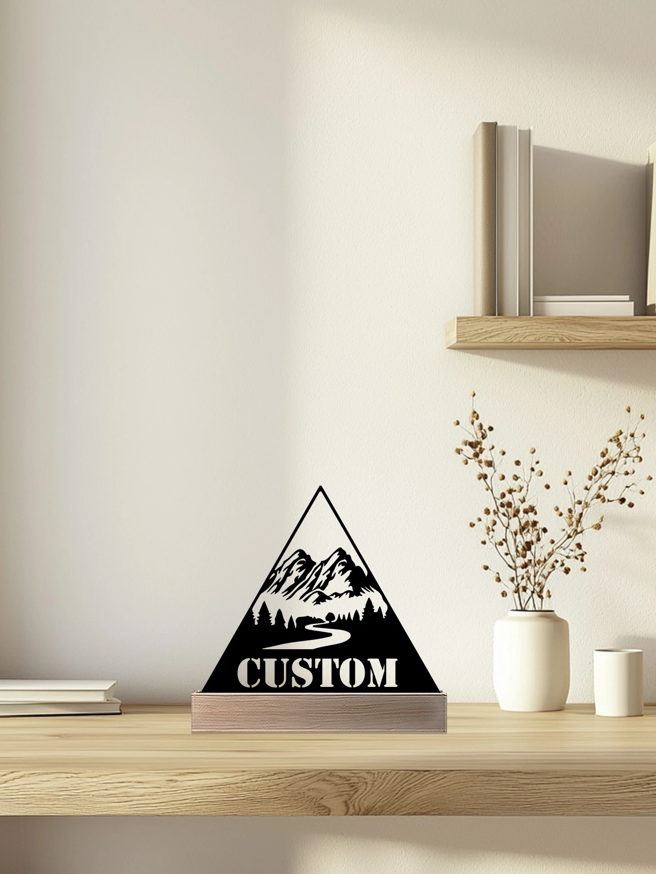 1pc Modern view scene Custom Name Tin Statue Metal Ornament With Wood Base Iron Sculpture Art Figurine With Wood Base