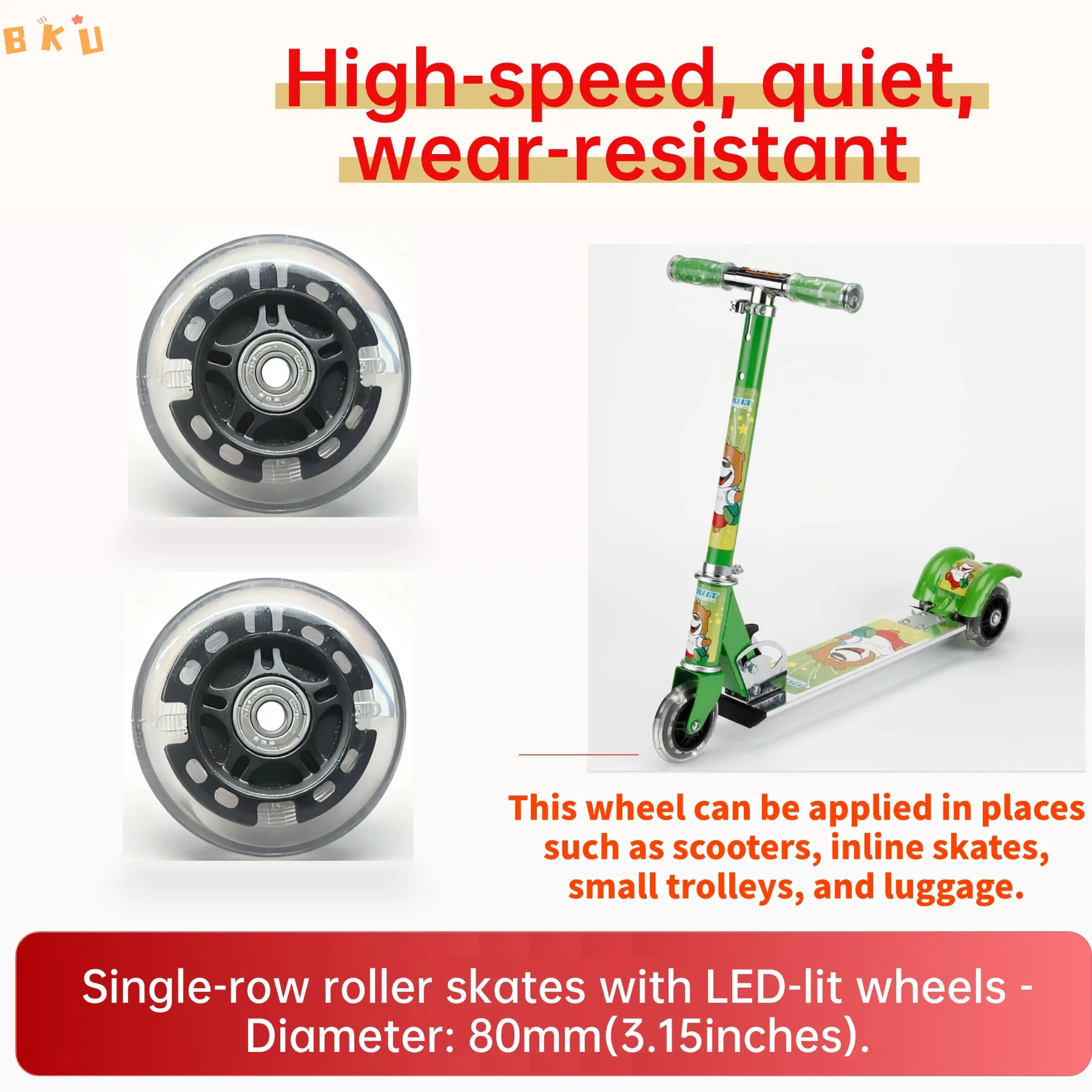 Rodas de substituição de patins inline de 2 pacotes - rodas PU iluminadas por LED de 80 mm, várias cores vibrantes disponíveis