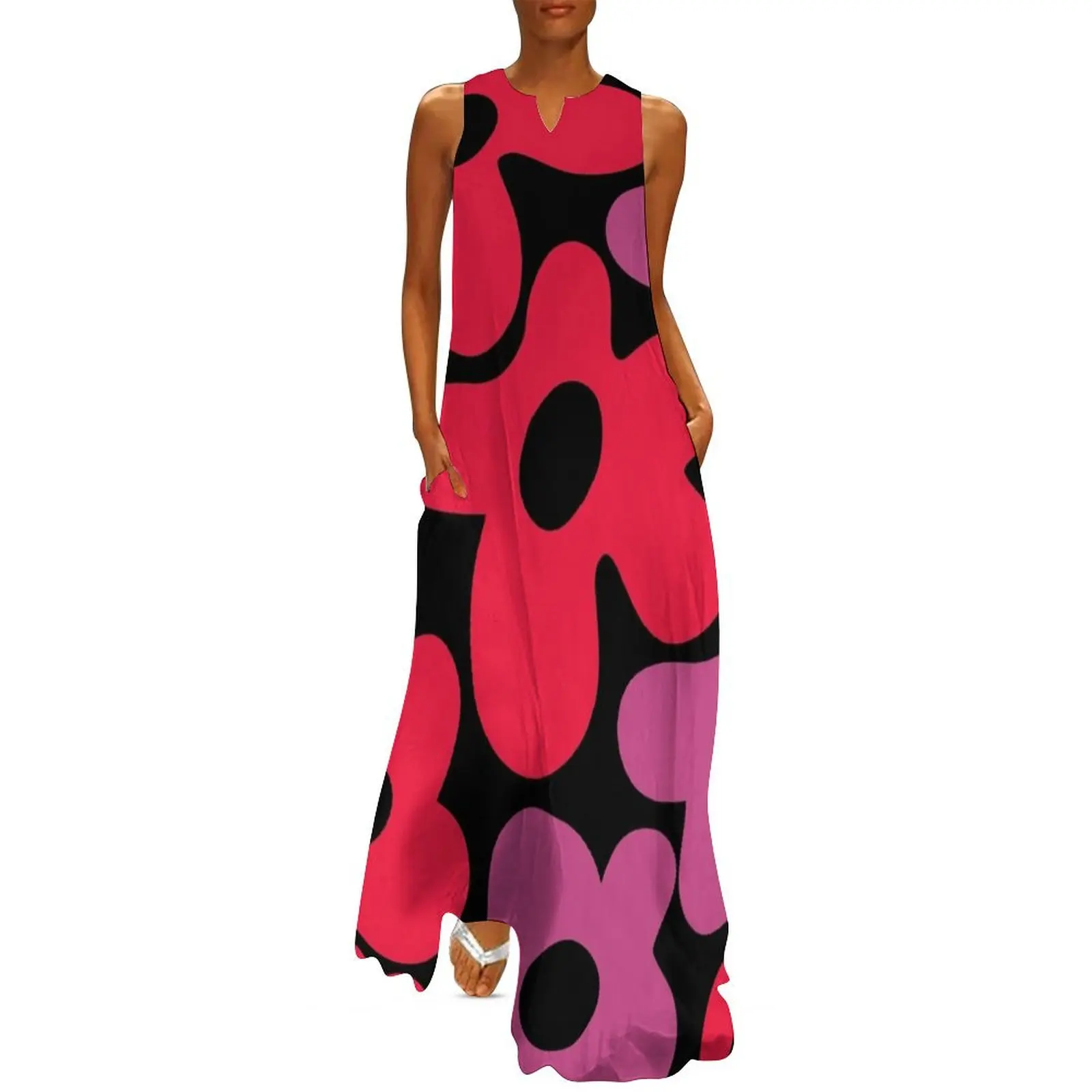 

Retro 1960's Red And Pink Flower Pattern On Black Long Dress dresses for woman Dress