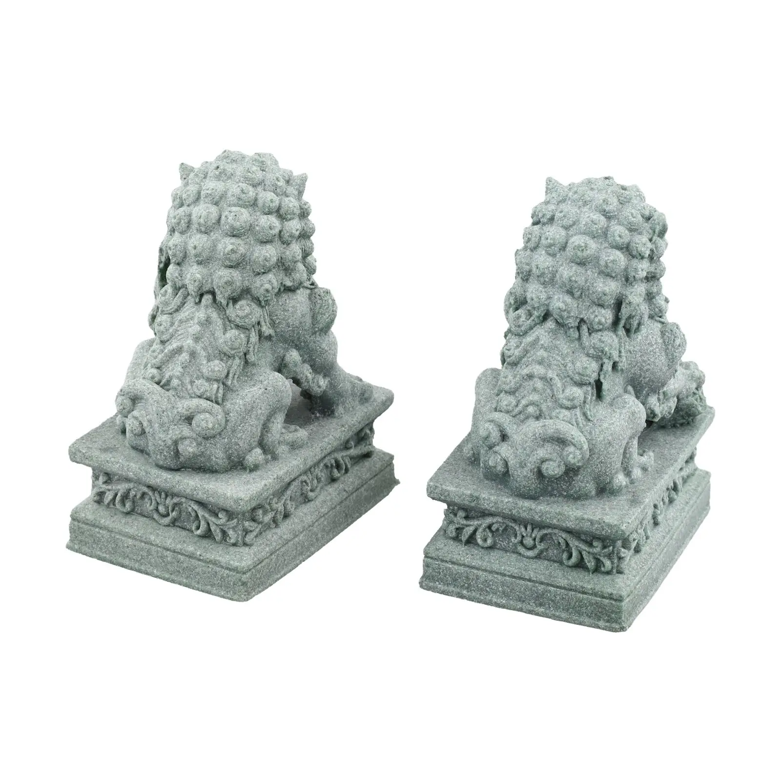 Pair Fu Foo Dogs Lion Statues Made of Sandstone for Feng Shui to Protect Premises and Enrich Garden or Indoor Decoration