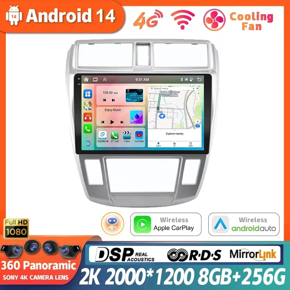 Android 14 For Honda City 2008 2009 2010 2011 2012 2013 2014 Navigation GPS 4G WIFI Car Radio Multimedia Video Player 360 Camera