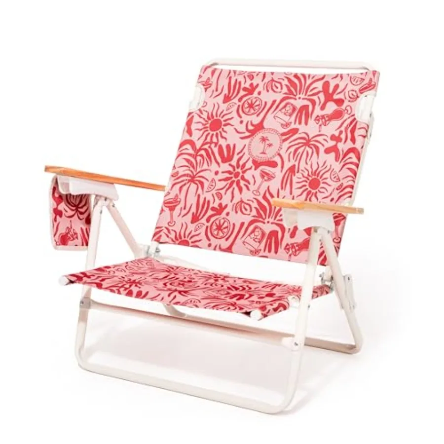 

Beach chair for outdoor use, polyester fabric, strawberry daiquiri tiki color, lay-flat reclining with insulated cooler pocket