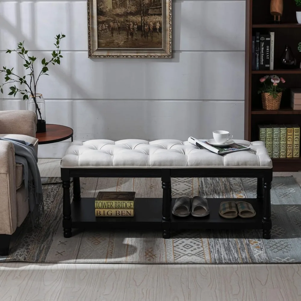 مقعد تخزين معنقدة بأزرار طويلة جدًا 45.5 واسع - أثاث منجد لرف الأحذية من قماش الكتان، نهاية مقعد السرير #6