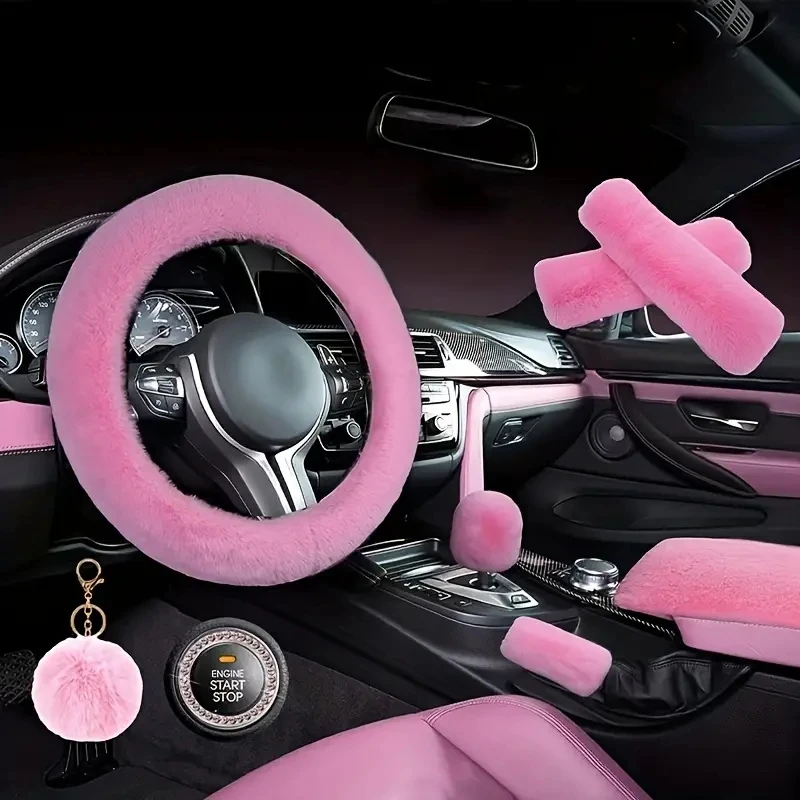 8-plece set Combination Pink Goddess Plush Car Steering Wheel CoverRex Rabbit Fur Fluffy Steering Wheel Cover