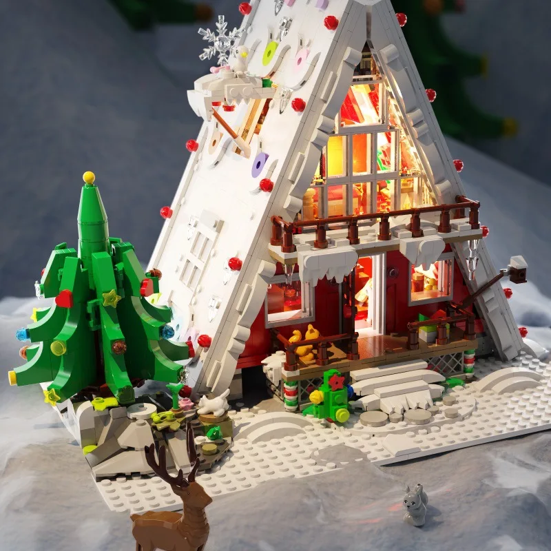 Creative 2159Pcs Christmas Tree Winter Village House With Lights Model Building Blocks MOC Snow Hut Mini Bricks Toys Xmas Gifts