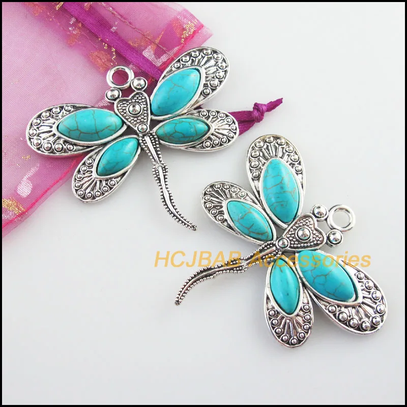 2Pcs Tibetan Silver Plated Animal Dragonfly Blue Stone Charms Pendants 61x53mm