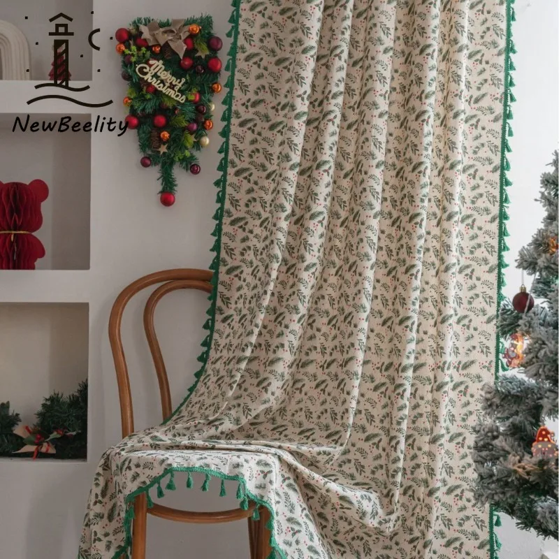 Christmas Green Gold-plated Leaves Curtains for Living Dining Room Bedroom Kitchen Curtain Semi-blacked Bay Window Balcony Decor