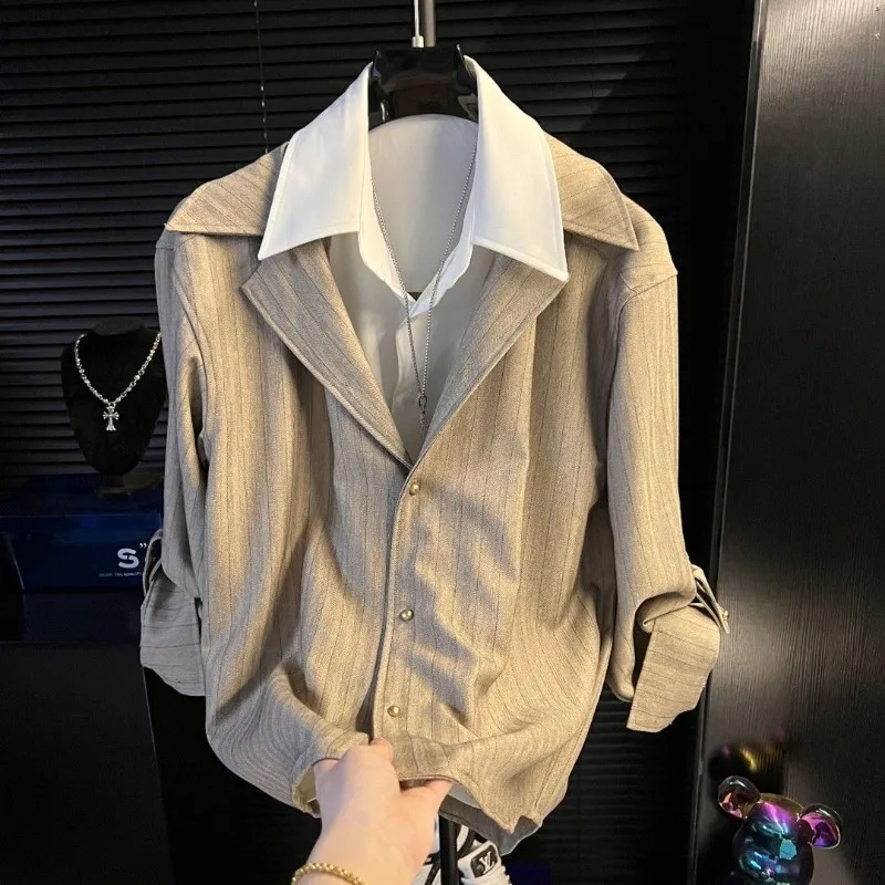 Men's Vintage Old Money Style Striped Lapel Long Sleeve Shirt Casual Fashion Loose Top