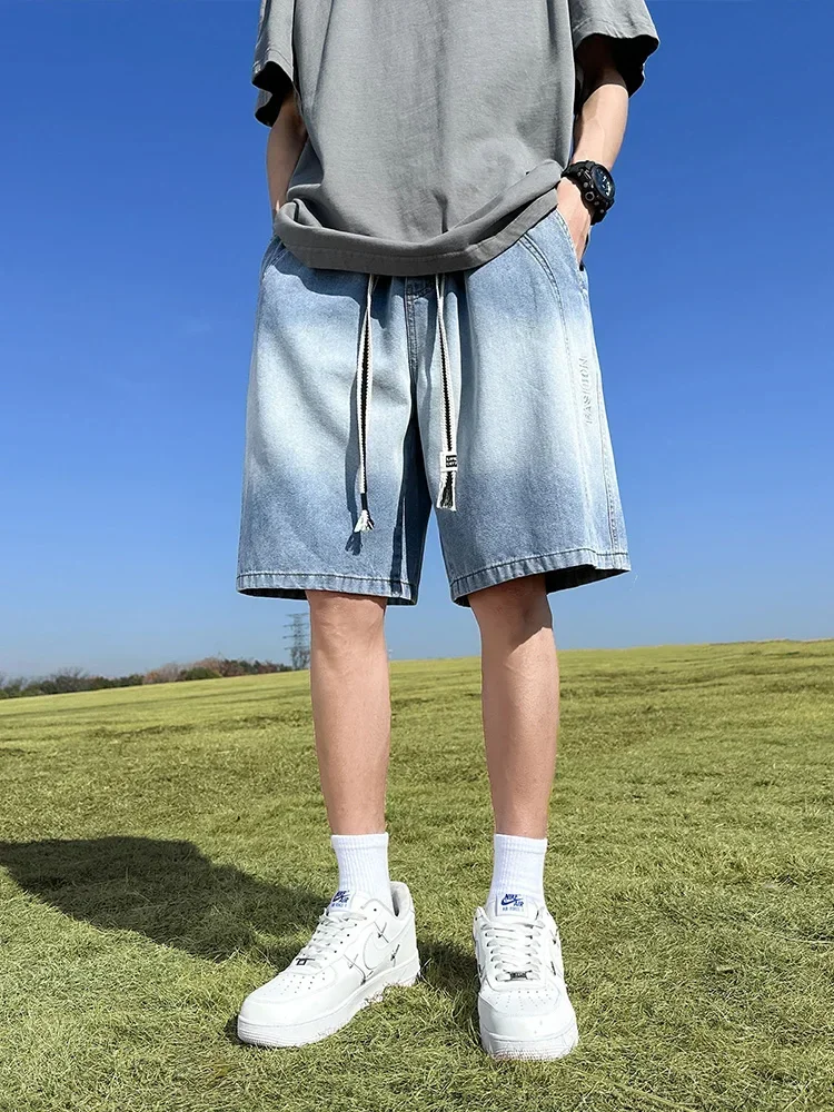 LIBIELIY 2024 Summer Denim Shorts Men Large Size Gradient Color Washed Cotton Baggy Jean Shorts Drawstring Streetwear Y2K Shor