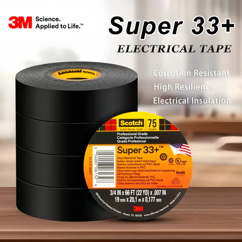 Cinta aislante eléctrica de vinilo 3M Scotch Super 33+ original, 19 mm x 20,1 m, 7 mil, negra, de PVC, para empalme de cables.