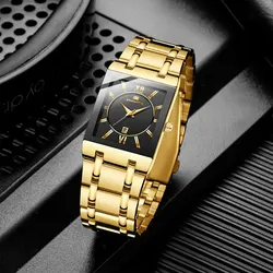 Men Business Watch Simple Design Luxury Fashion Rectangular Black Gold Stainless Steel Calendar Waterproof Quartz Men's Watches