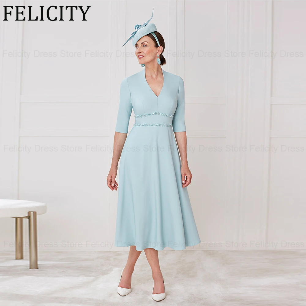 

Elegant Mother of the Bride Dress 2024 A-Line Formal Wedding Guest Dresses Tea-Length Beading Pleated Half Sleeve Evening Gowns