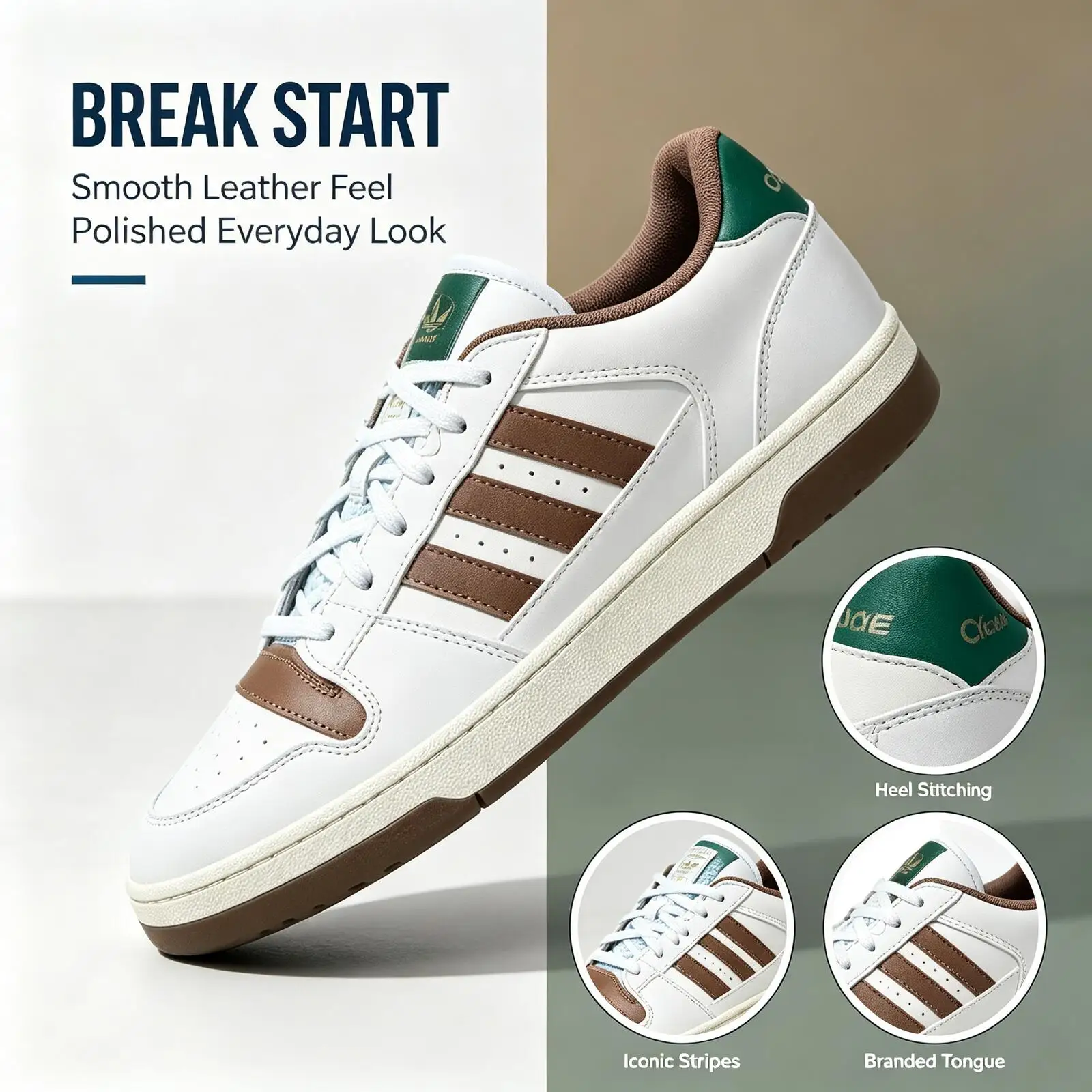 Adidas Official Genuine BREAK START JQ5302 Low Top Skateboard Shoes Unisex White Leather Three‑Stripes Skate Sneakers