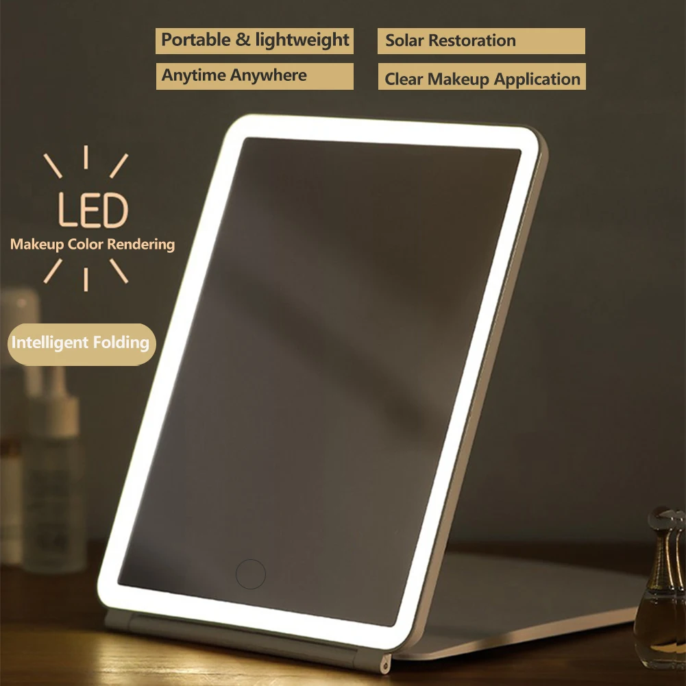 Espejo de maquillaje plegable con pantalla táctil LED, espejo cosmético con modo de luz de 3 colores, recargable por USB, para mesa