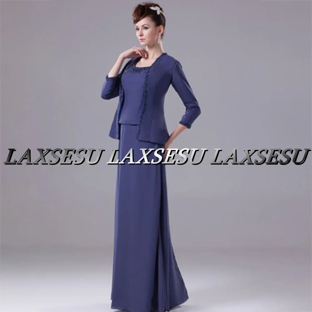 Laxsesu Elegant Mother Of The Bride Dresses Navy Blue Chiffon Evening Gown 2022 With Cape Floor Length Wedding Guest Gowns