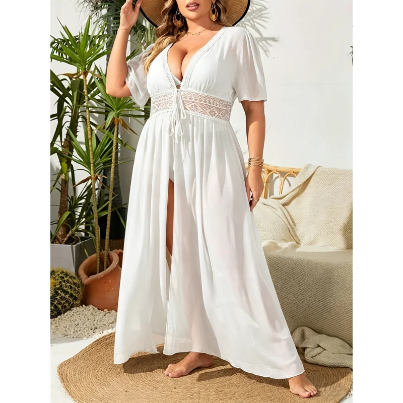 

MOXDO Chiffon Wrap Dress: Resort-Style Deep V-Neck Embroidered Semi-Sheer Chiffon Casual Beach Dress (Plus Size) for the Beach,