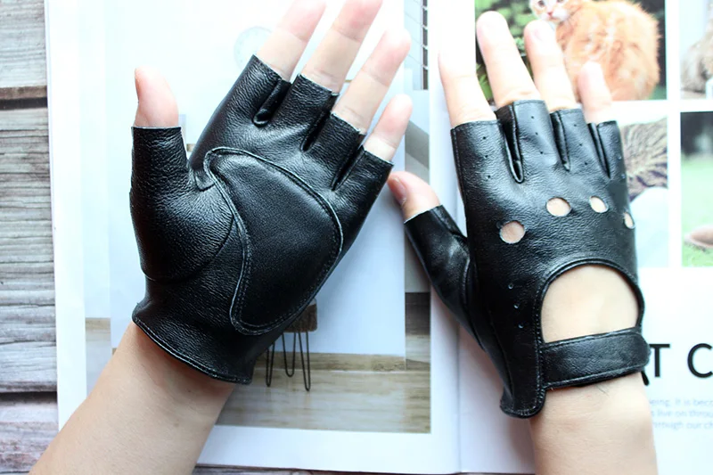 Leather Half Finger Gloves Women\'s Short Thin Section Unlined Spring and Autumn Motorcycle Riding Ladies Driving Fingerless