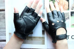 Leather Half Finger Gloves Women's Short Thin Section Unlined Spring and Autumn Motorcycle Riding Ladies Driving Fingerless