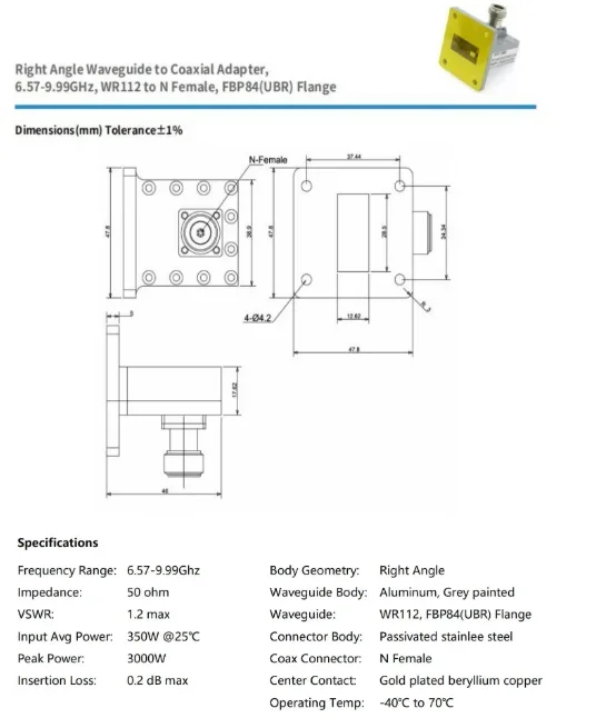 

2025 hot sale WR112(BJ84) Precision N Female Waveguide Coaxial Adapter 6.57-9.99GHz FDP84 Square Flat Flange Orthogonal Stainles