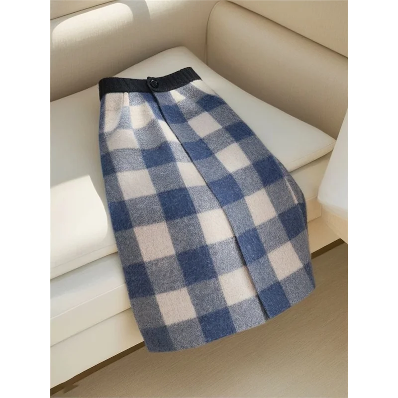 Unique Korean High Waist A-Line  Skirt Blue Plaid Women's Long Woolen Skirt Autumn Winter New Arrival Fashion Ladies Skirts