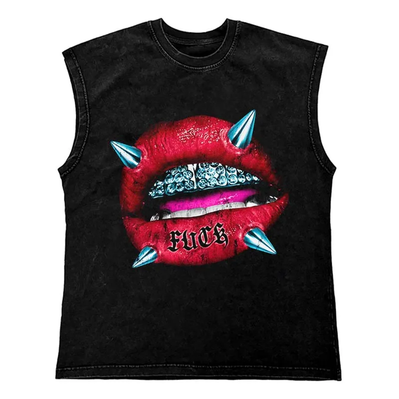 Gothic Punk Painting Print Tank Tops Hip Hop Oversized Cotton Streetwear T Shirt Custom Tanks Tops Men Washed Vest Men Clothing