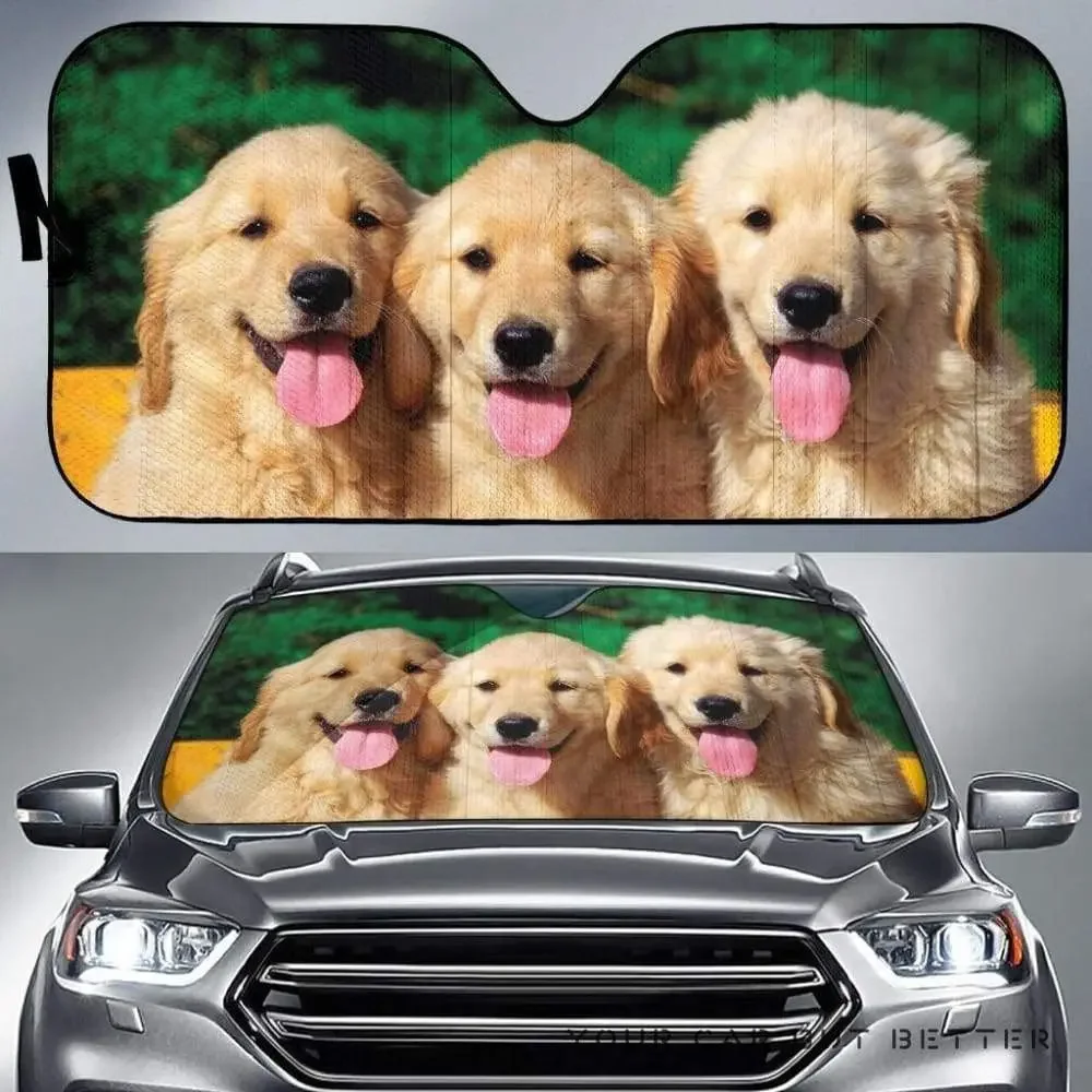 Funny Cute Golden Retriever Puppies Baby Dogs Image Car Sunshade, Cute Golden Retriever Puppies Image Auto Sun Shade, Windshield