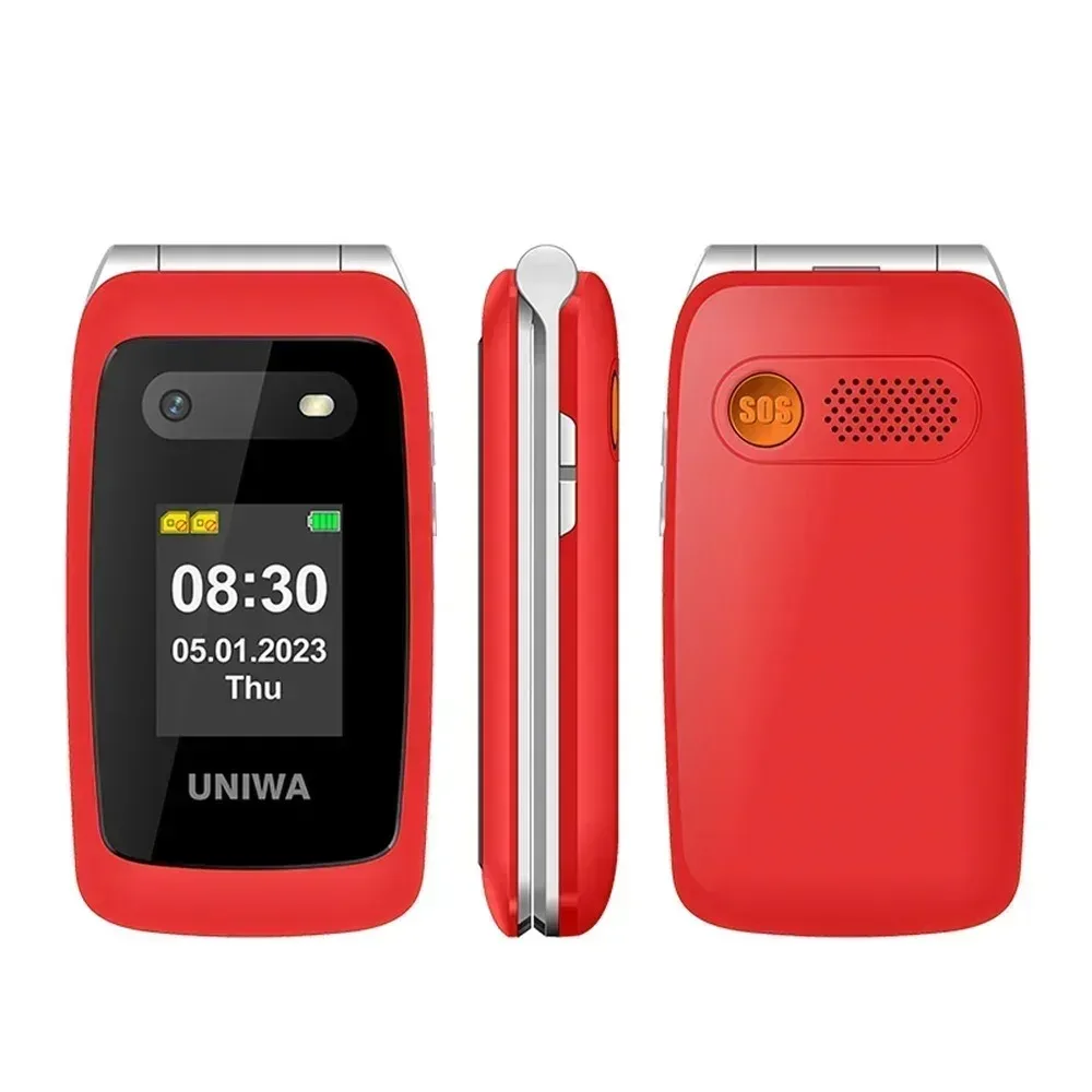 UNIWA V202T 4G Seniorenklaptelefoon met dubbele schermen, grote drukknoppen, 1450mAh batterij en SOS-functie.