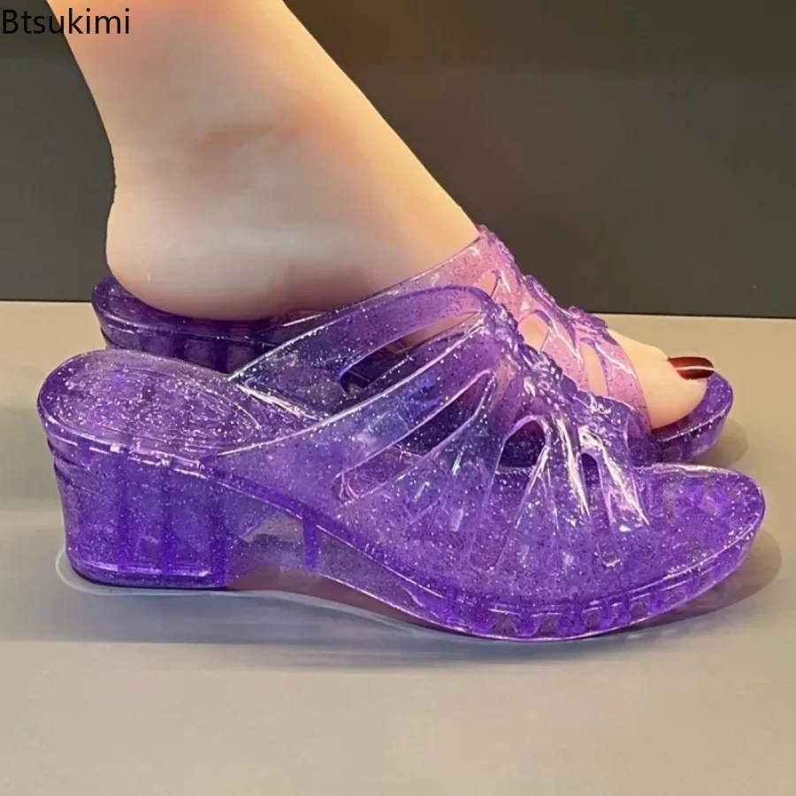 New Summer Women's Slippers Wedges Sandals Transparent Crystal Shoes Female Flip Flops Hollow Out Thick-soled Anti-slip Footwear