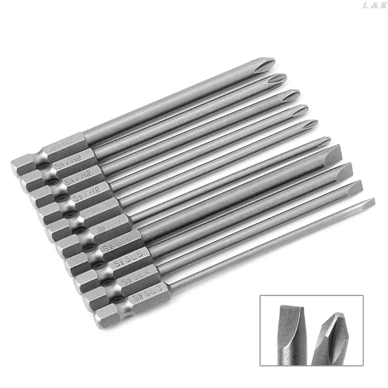 10 Pcs Slotted PH2 Screwdriver Bit Steel 1/4 Shank 100mm F1FC Made Of High-strength Alloy Steel