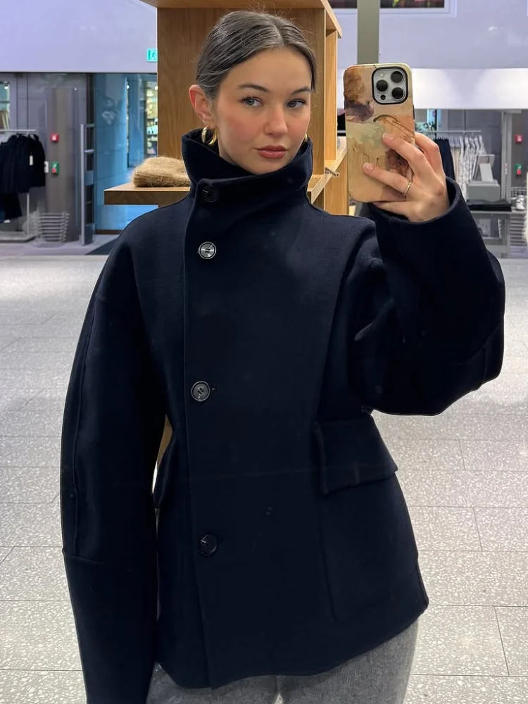 Elegantní vlněná bunda se stojáčkem pro ženy, jednořadé zapínání na knoflíky, kapsy, kabát, dámský kabát, podzim/zima 2025, pouliční elegantní svrchní oblečení - náhled 4