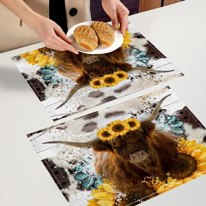 Highland Cow With Sunflowers Table Mat Kitchen Tableware Linen Placemat For Table Mats Drink Cup Coaster Kitchen Accessories